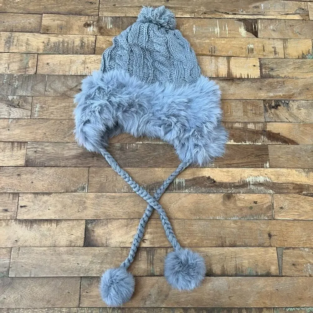 Gray Women's Trapper-Style Hat Braided Cable Knit Genuine Fur Trim